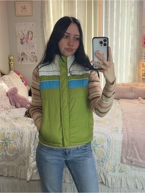 Y2K Green Puffer Vest with Blue & White Accent - Women's Outerwear